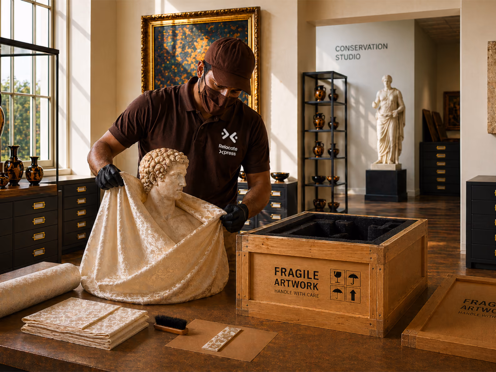 Specialist carefully wrapping classical marble bust sculpture for storage