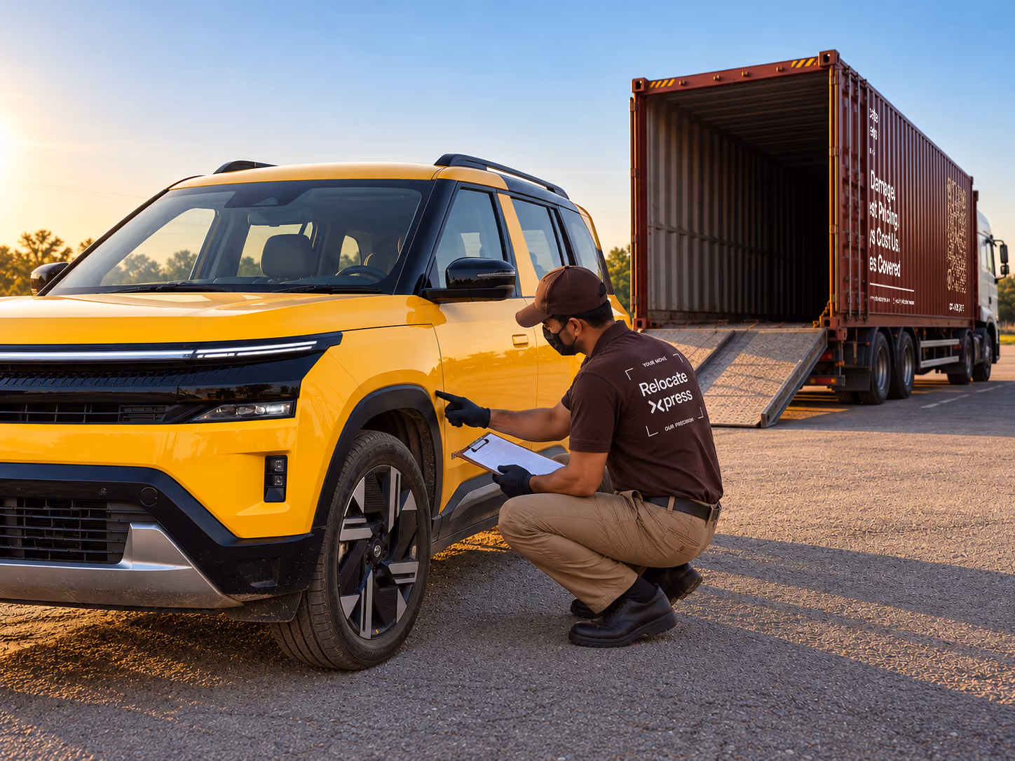 Moving specialist documenting vehicle condition before auto transport carrier pickup