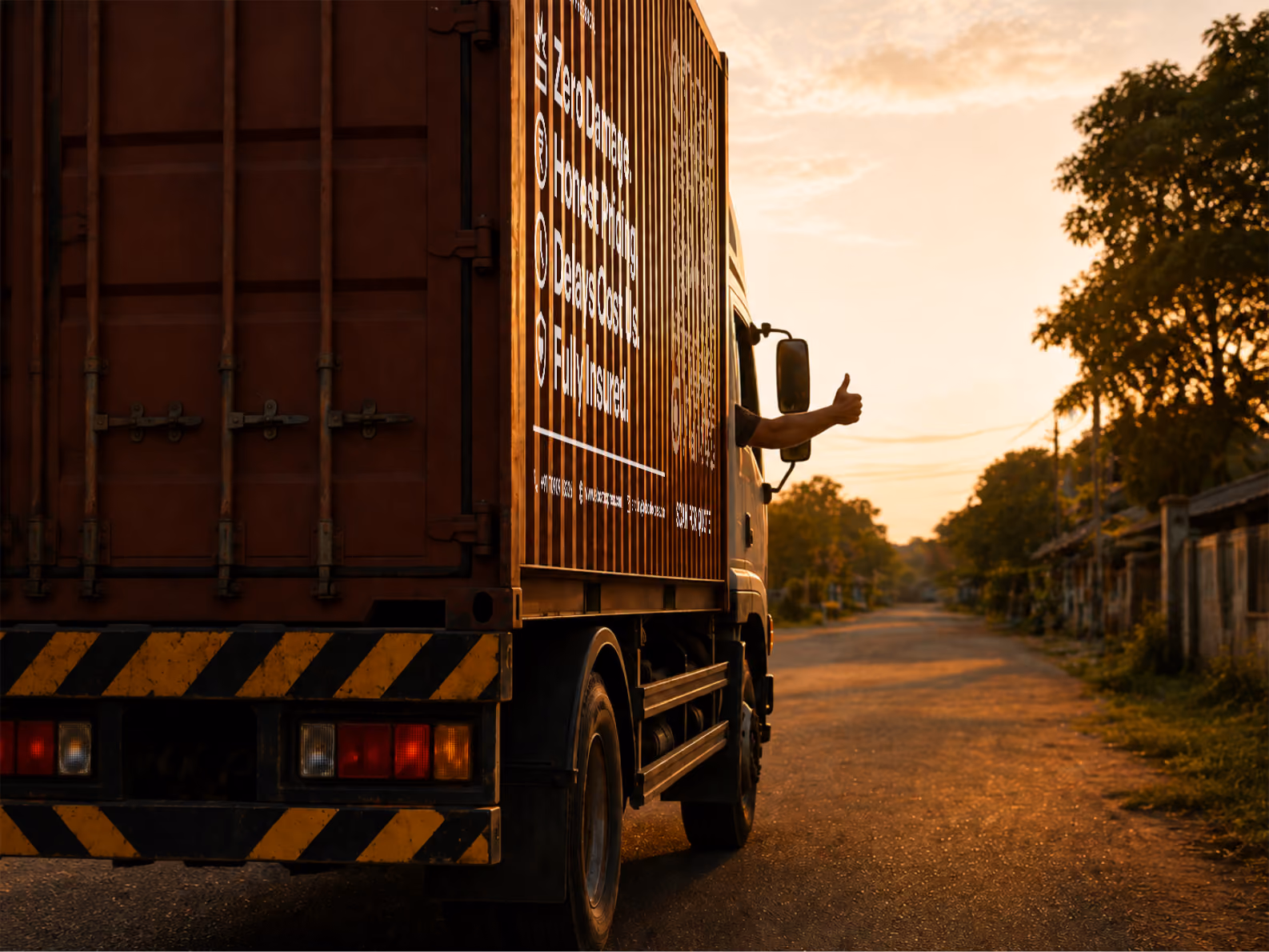 Truck driver waving from cargo vehicle on rural road at golden hour