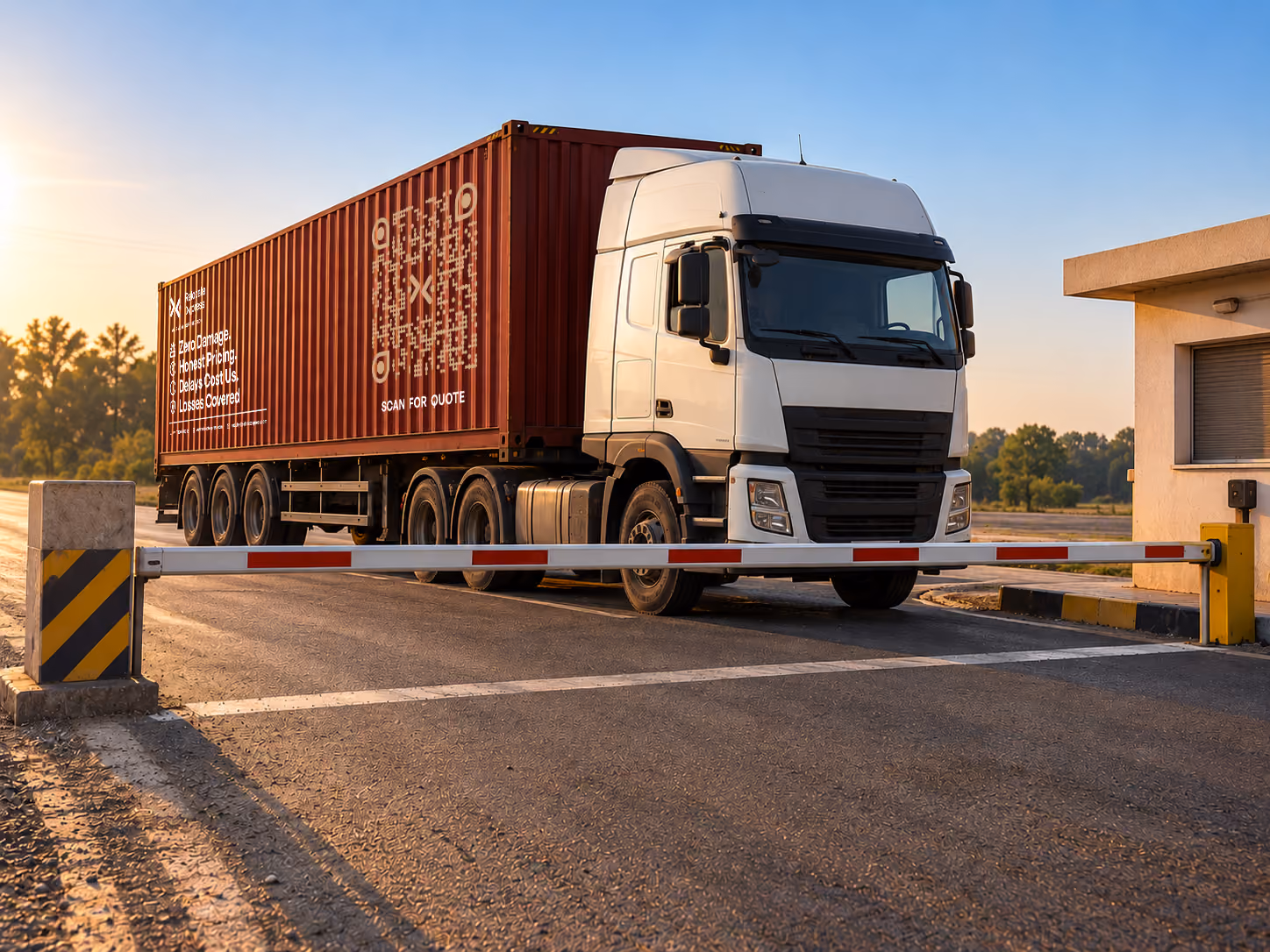 Moving truck with cargo container at toll gate checkpoint on highway