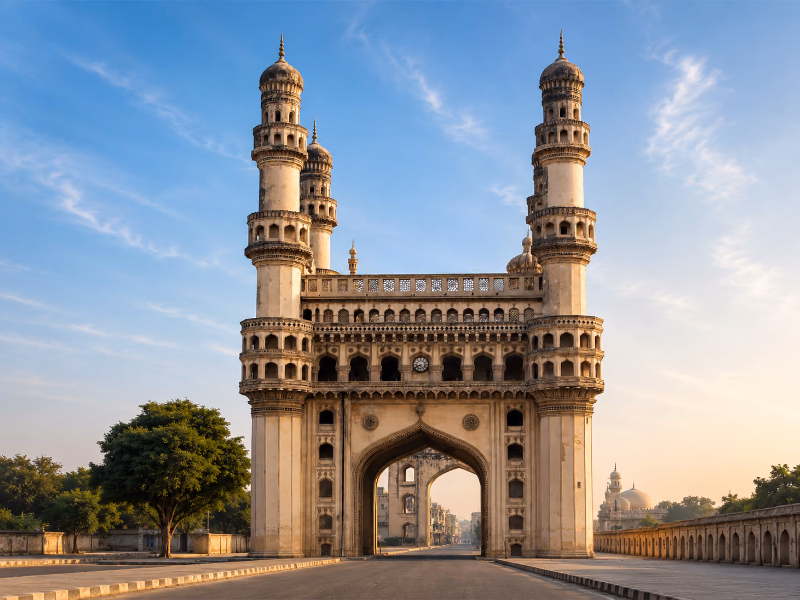Charminar four-minaret gateway monument in Hyderabad at golden hour