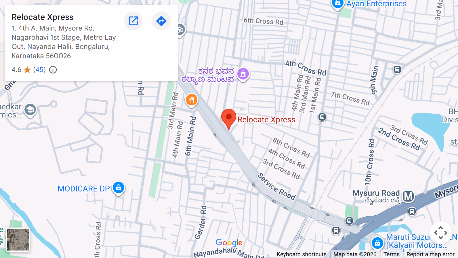 Map showing Relocate Xpress on Mysore Road, Nayanda Halli, Bengaluru