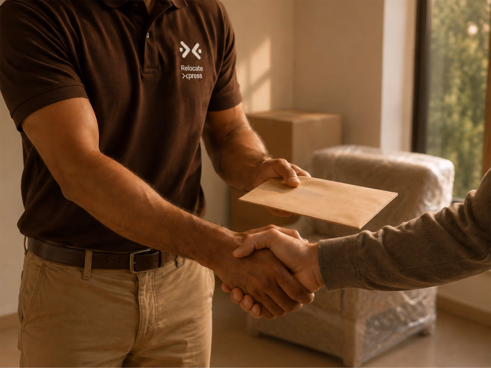 Delivery worker and customer shaking hands during package handover
