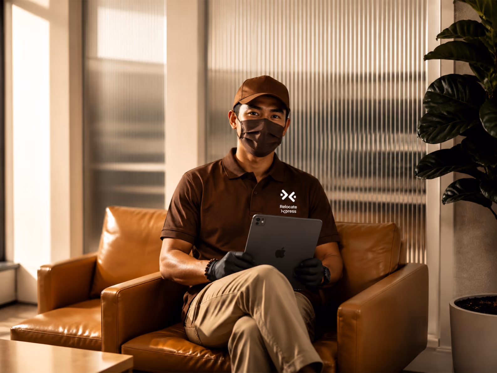 Moving professional with tablet in modern office setting