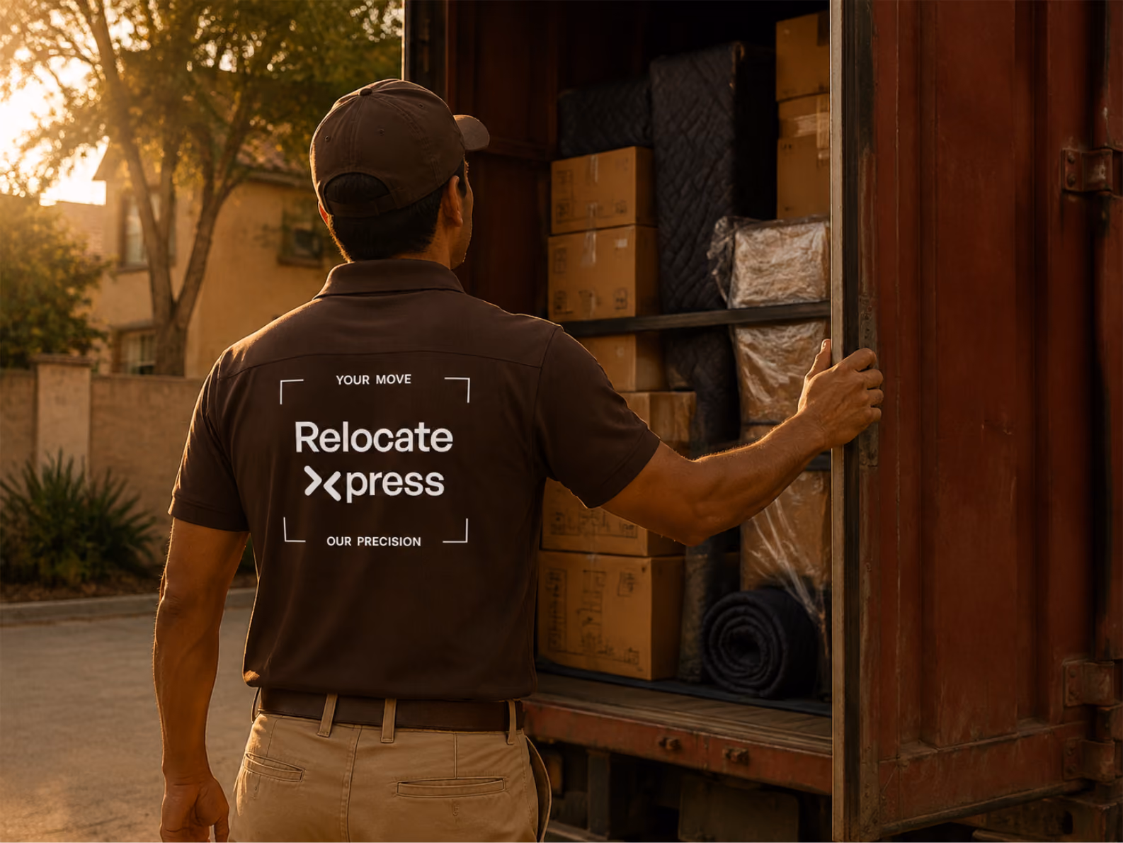 Delivery worker loading boxes into truck at sunset