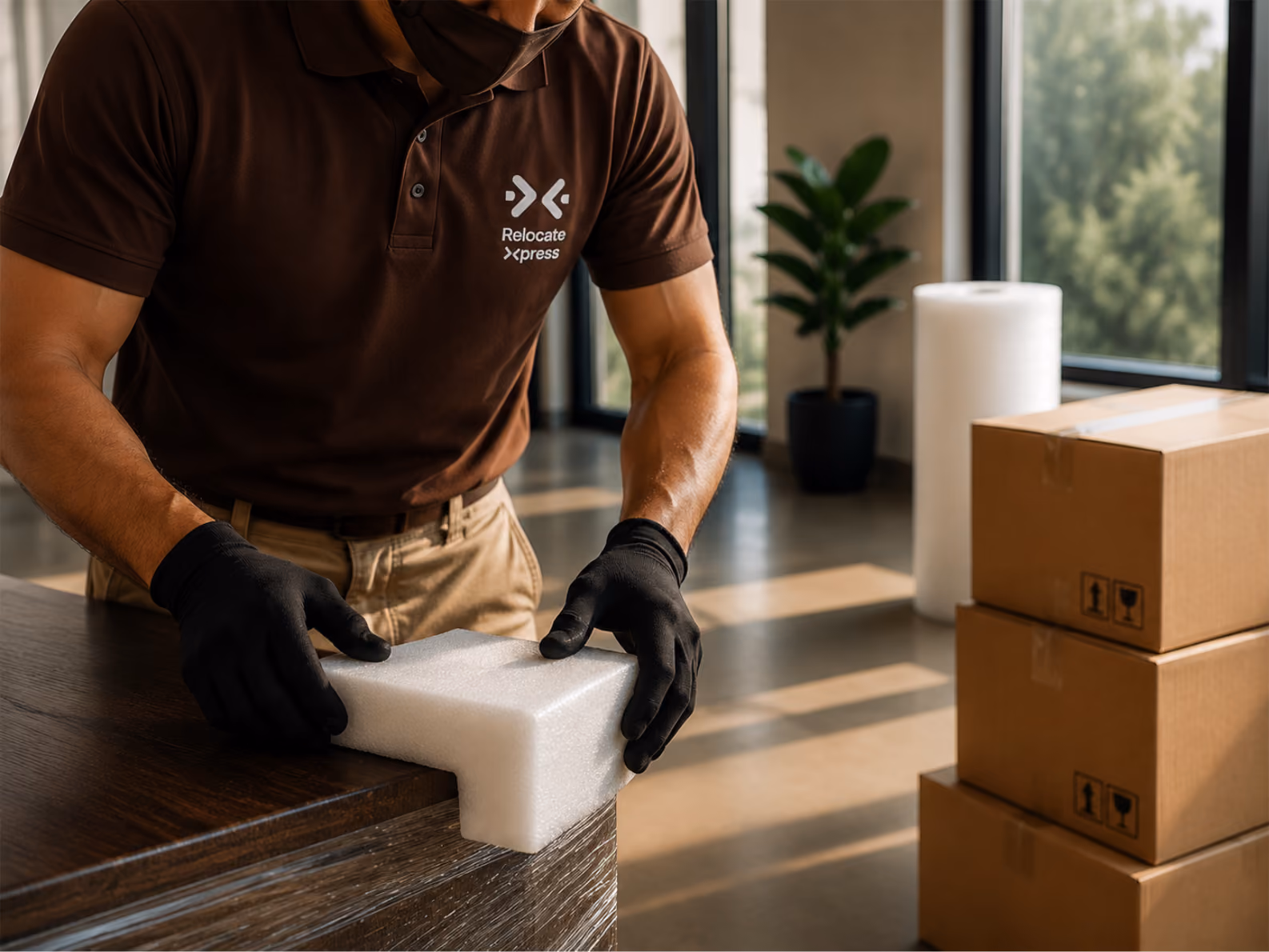 Delivery worker in brown uniform wrapping cardboard box with protective padding