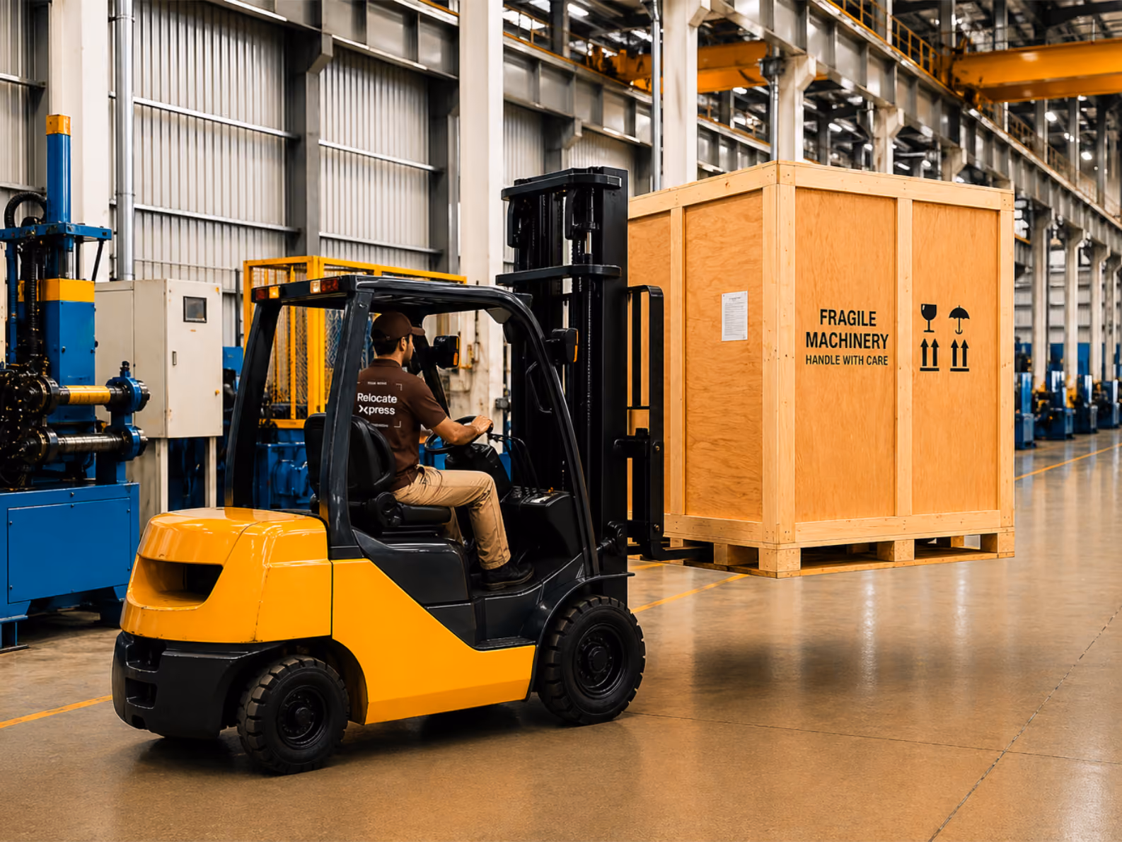 Forklift operator transporting wooden crate in industrial warehouse facility