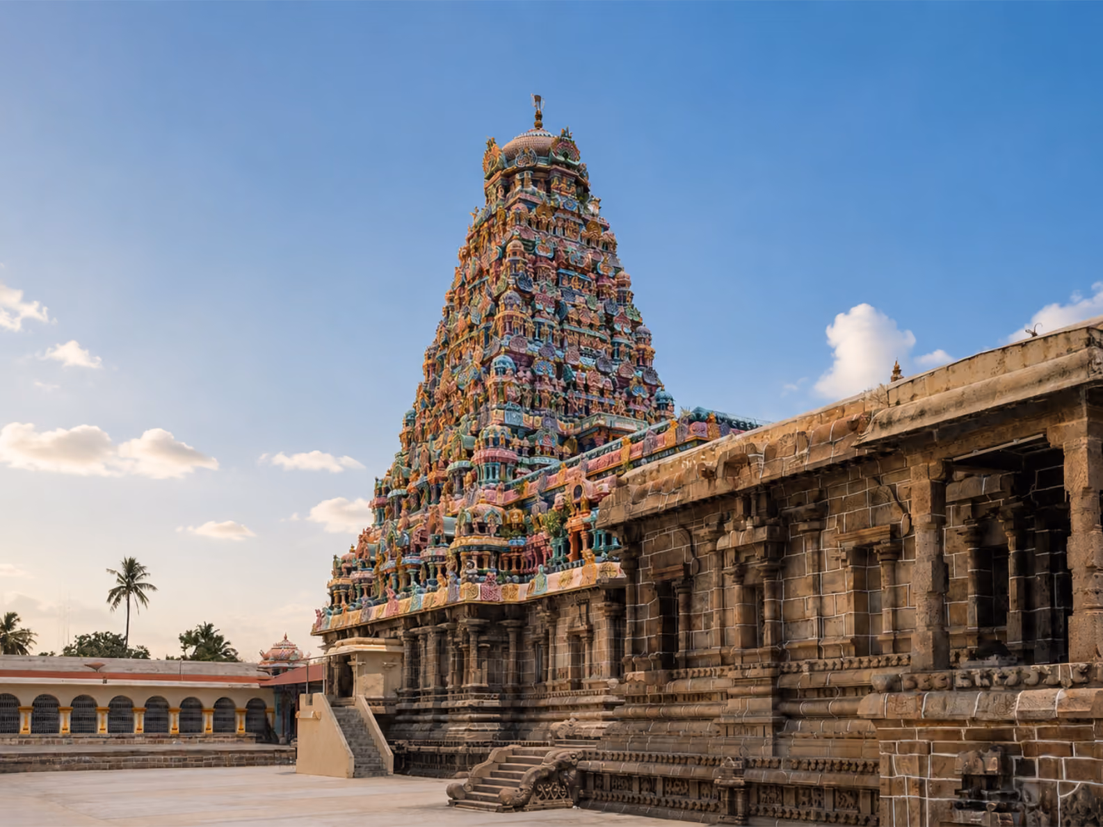 Ornate Hindu temple gopuram with colorful sculptures and stone architecture