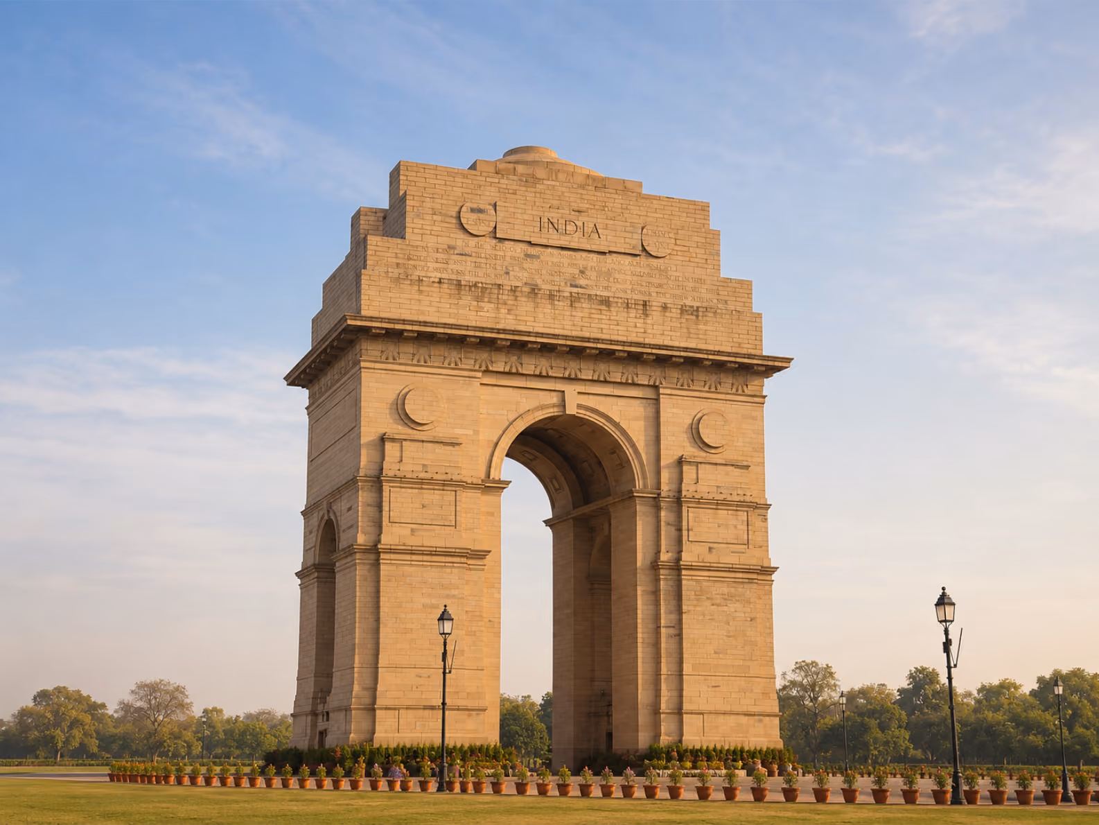 India Gate war memorial archway with sandstone facade in New Delhi