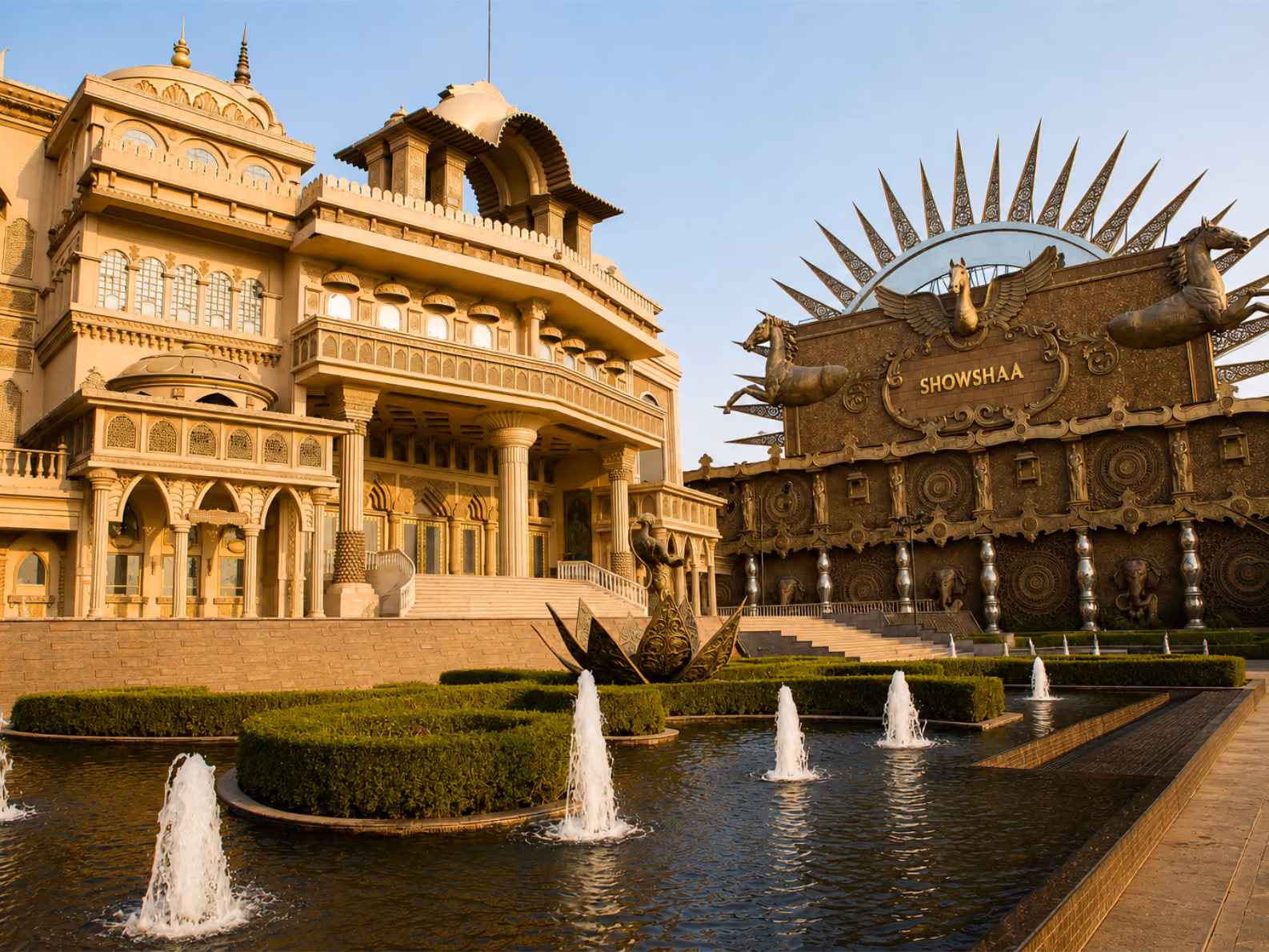 Kingdom of Dreams entertainment complex in Gurgaon with palace architecture and fountains