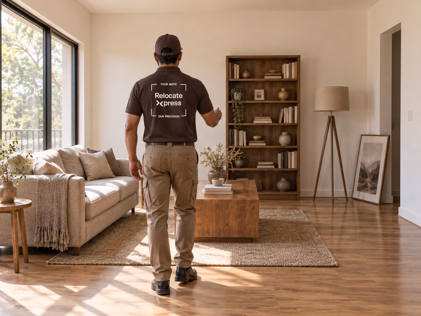 Moving specialist surveying a residential apartment interior