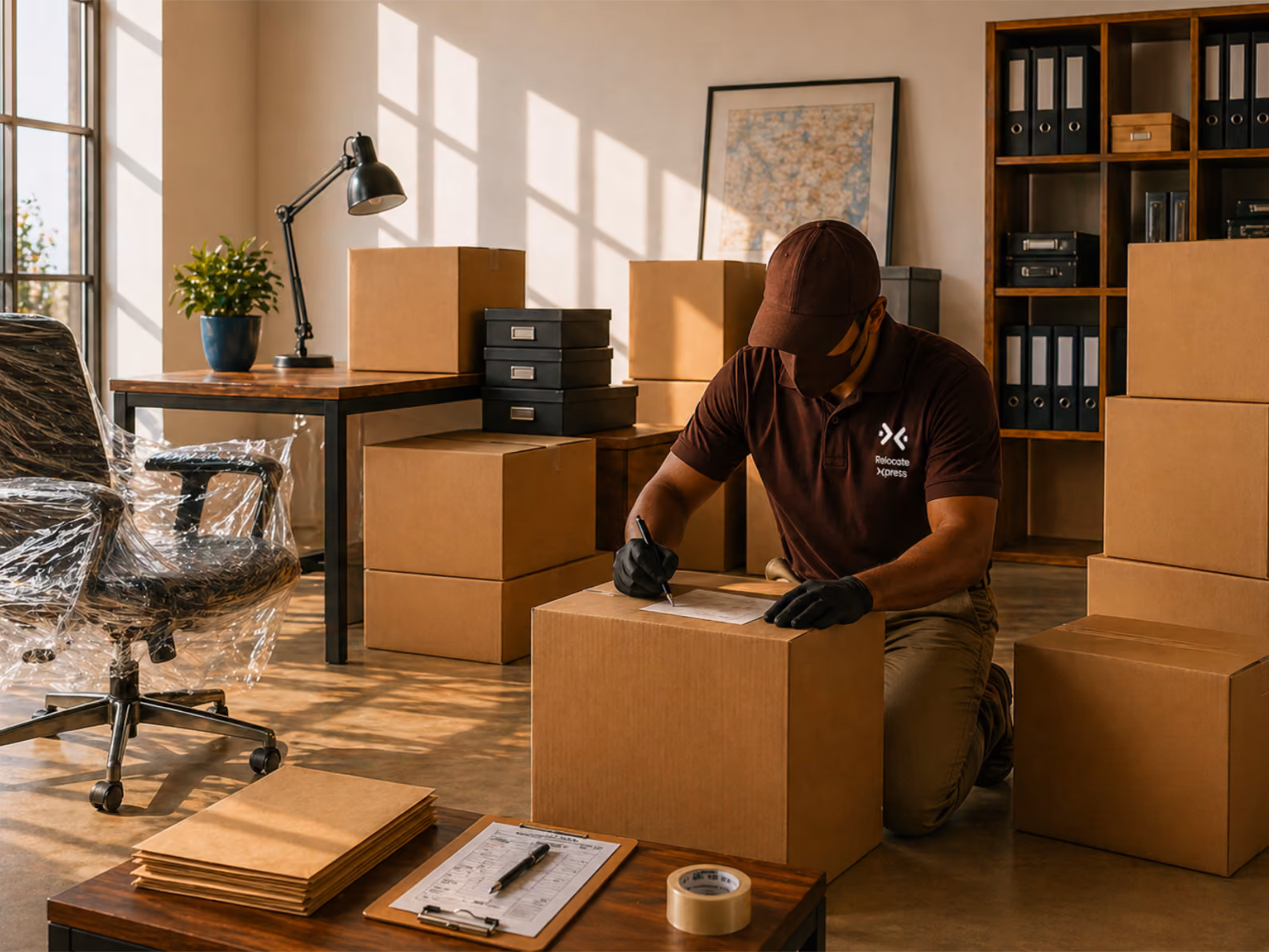 Moving specialist packing office furniture and equipment into cardboard boxes