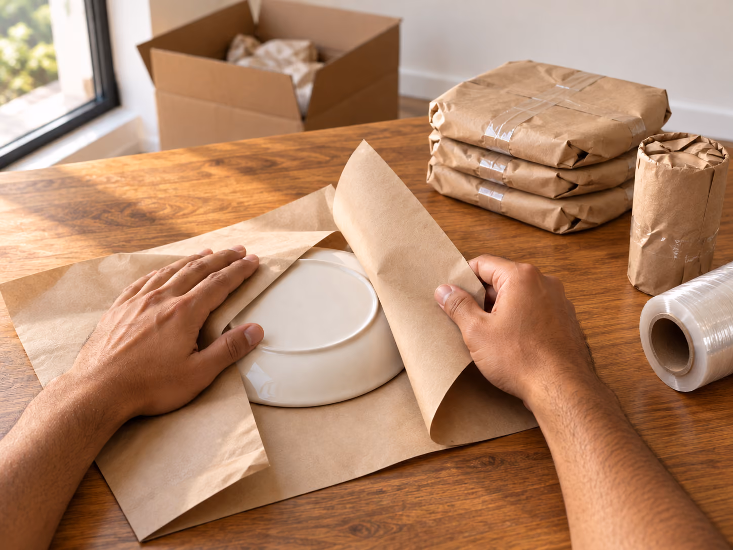 Packing supplies and wrapping materials laid out for fragile items