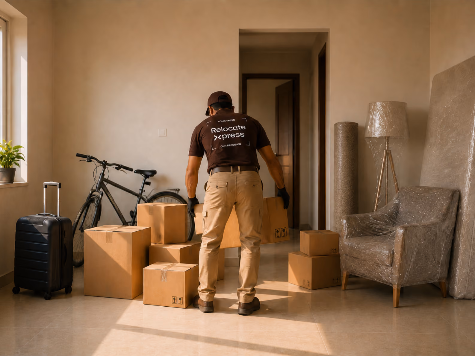 Moving worker organizing boxes and wrapped furniture in empty apartment