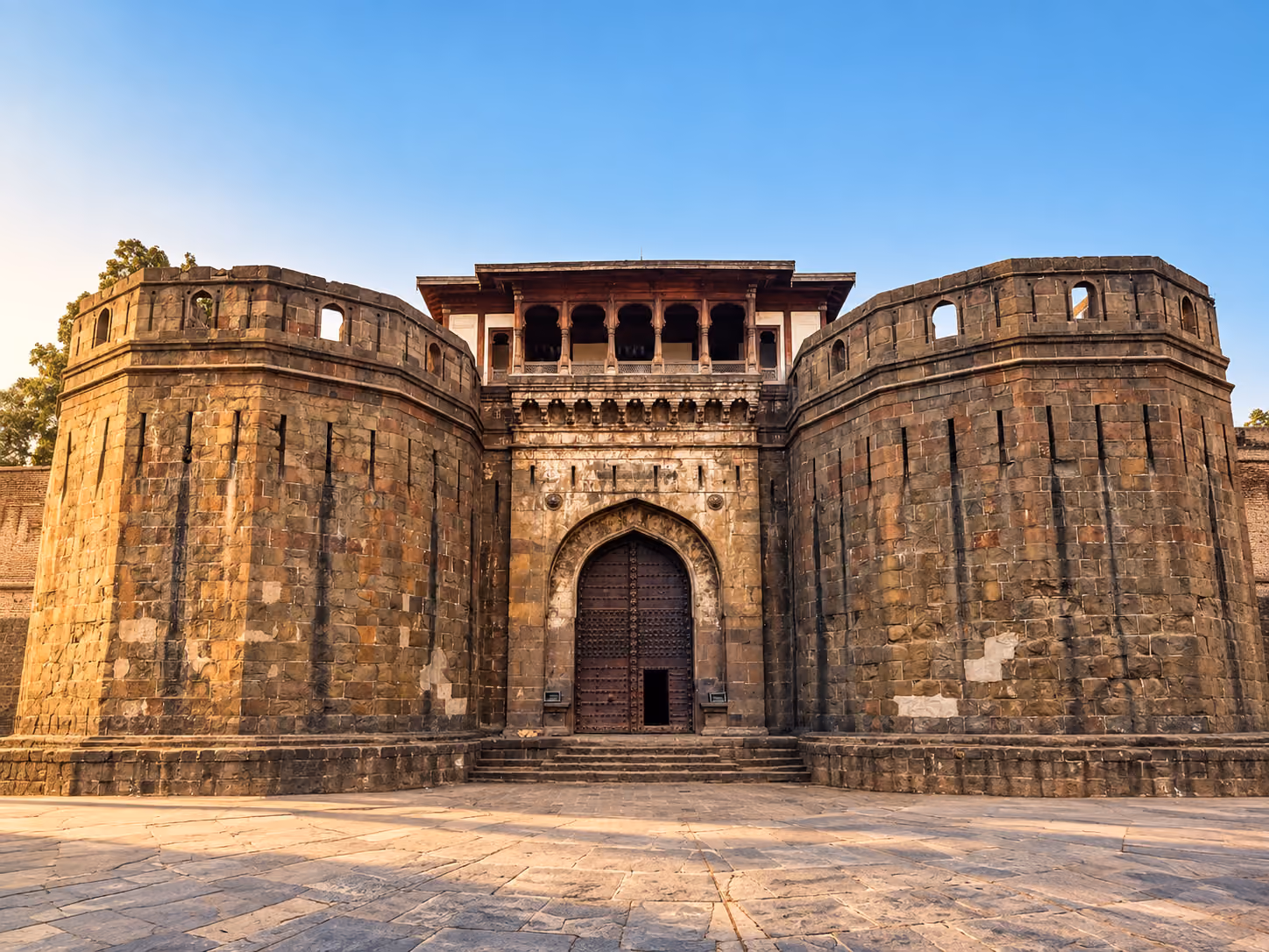 Shaniwar Wada historic fortress gateway in Pune with symmetrical turrets and arched entrance