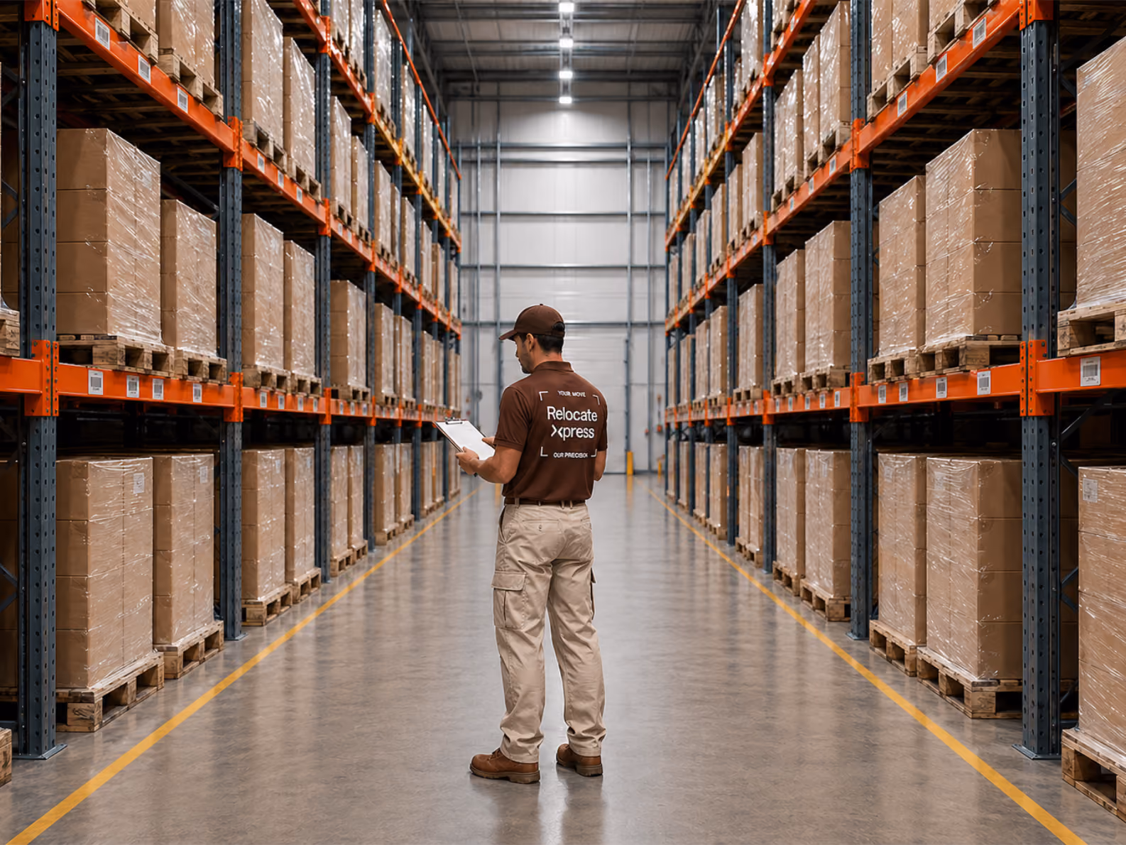 Warehouse worker checking inventory with clipboard between packed storage shelves