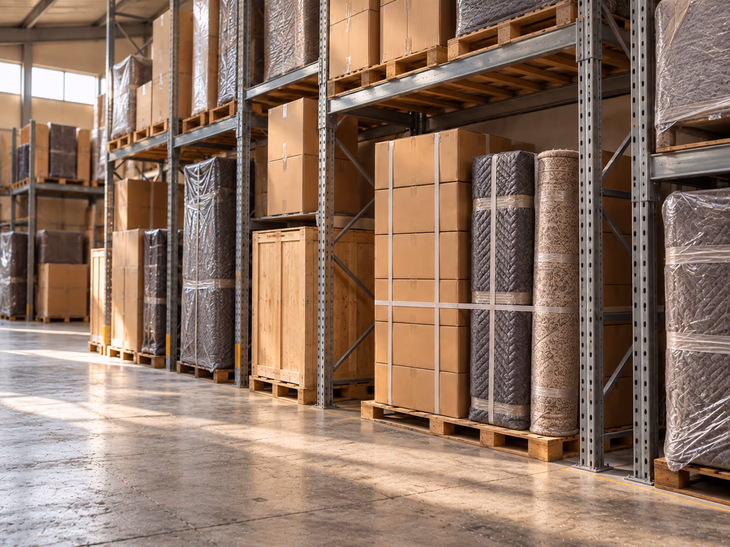 Warehouse shelving with stacked boxes and wrapped furniture rolls in organized storage