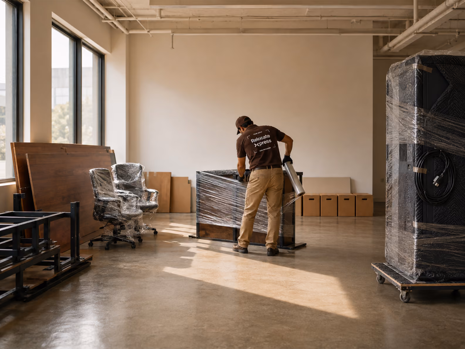 Worker transporting wrapped furniture and office items with dolly in warehouse