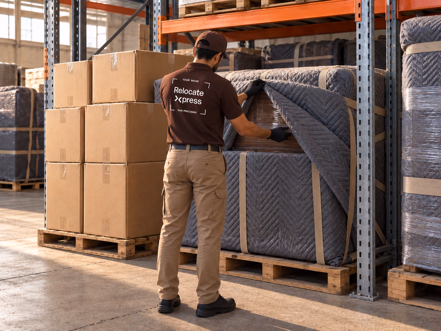 Storage worker arranging wrapped mattresses and boxes on warehouse racking system