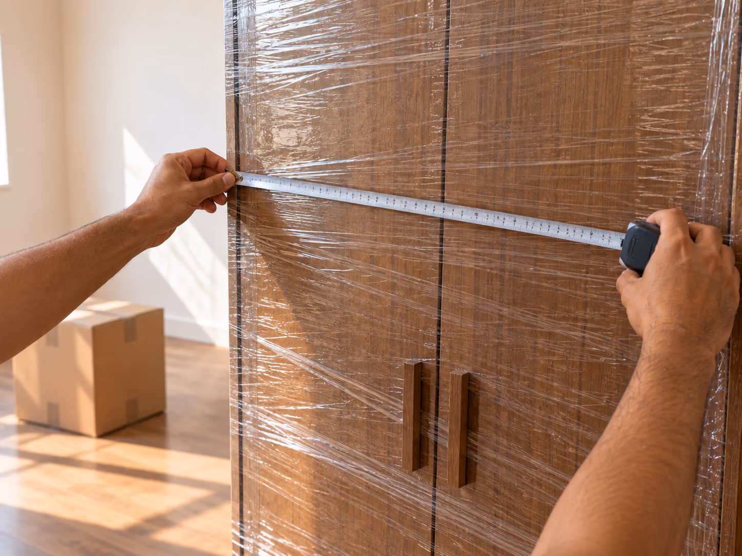Worker measuring wrapped furniture with a tape before a move