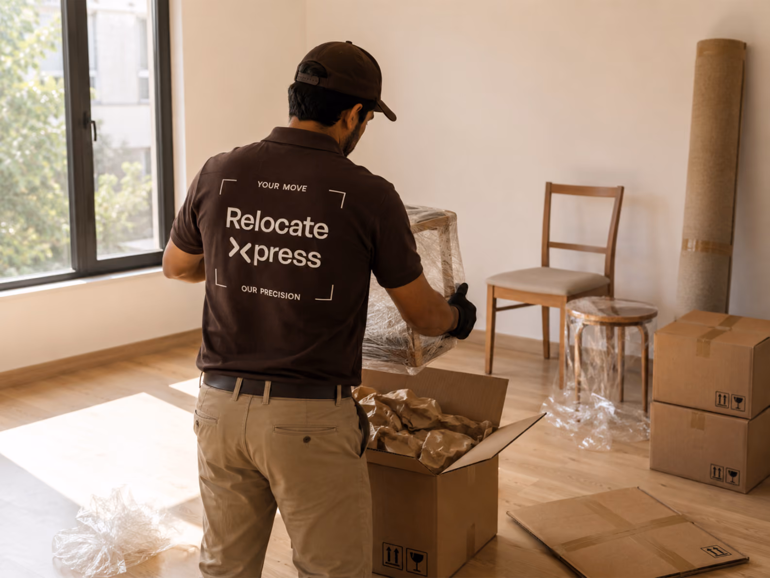 Moving worker wrapping chair in protective plastic inside bright apartment