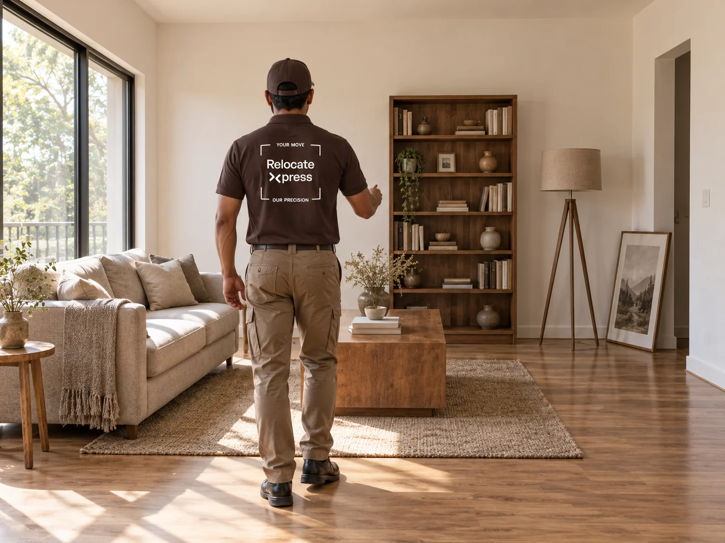 Moving specialist surveying a residential apartment interior