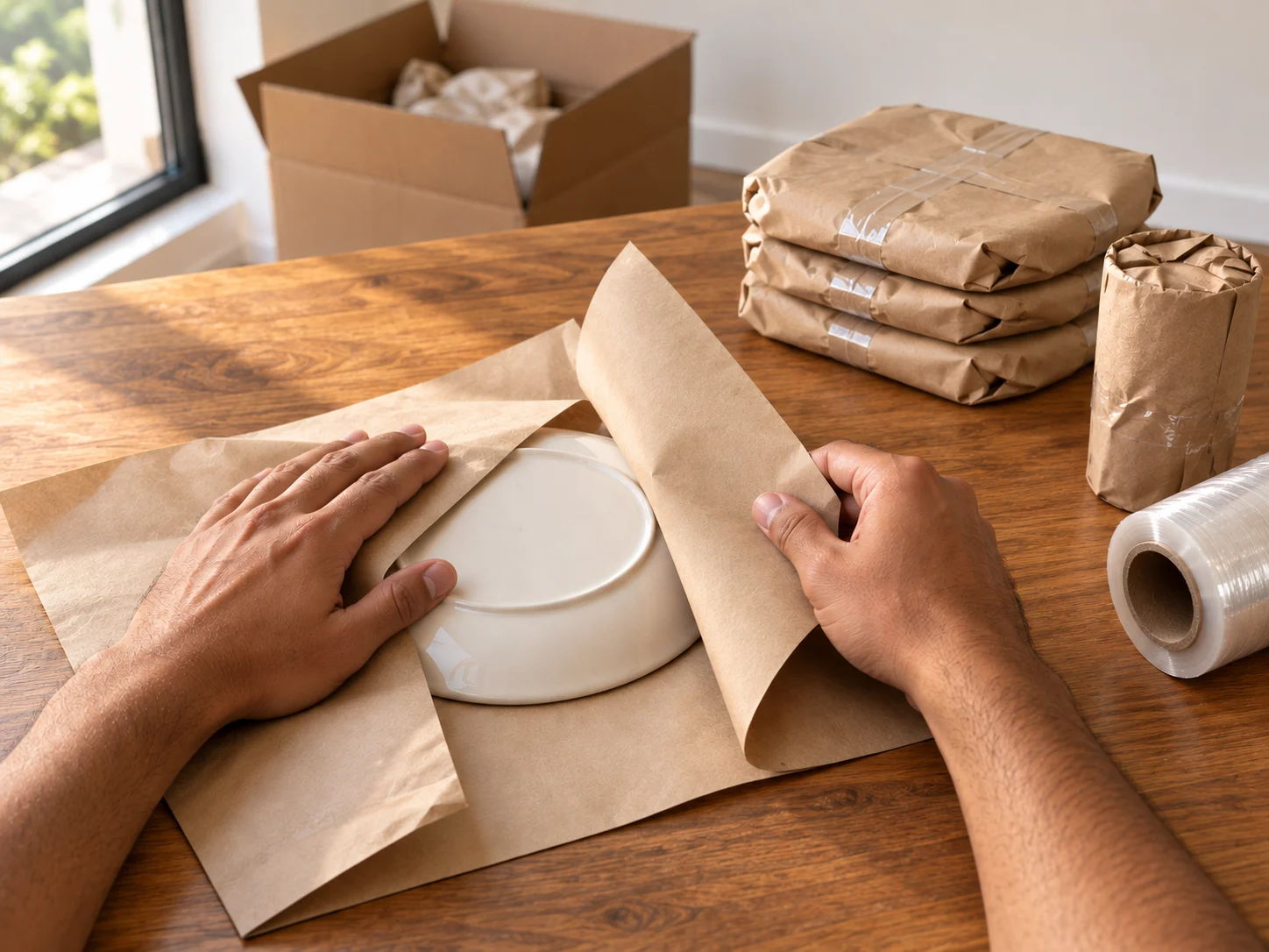 Packing supplies and wrapping materials laid out for fragile items