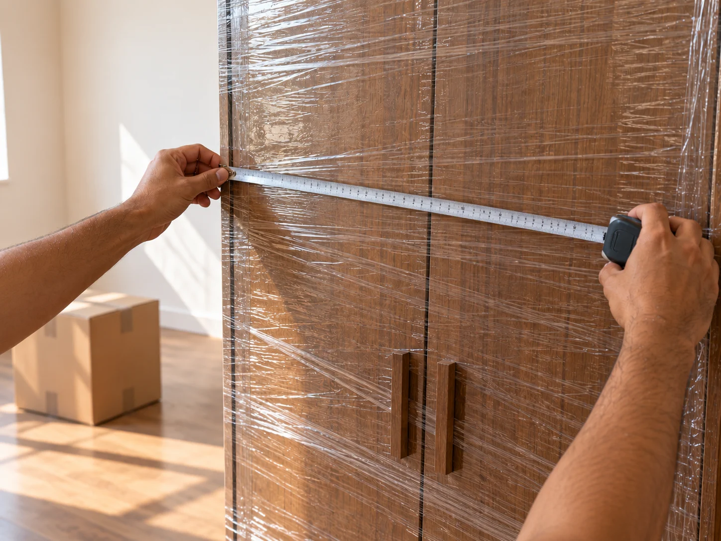 Worker measuring wrapped furniture with a tape before a move